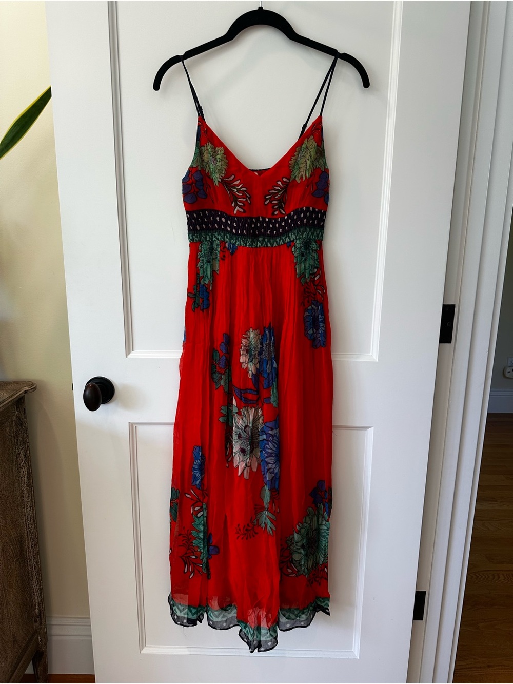 Anthropologie Maeve Red Floral Spaghetti-Strap Maxi Dress